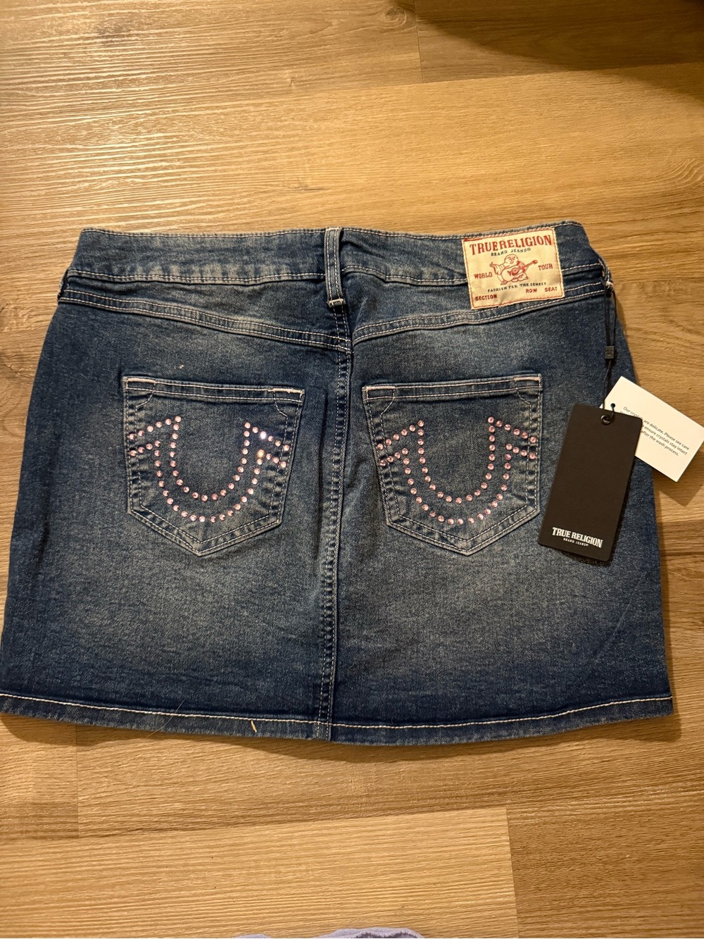 True Religion Dark Blue Denim Mini Skirt with Pink Pocket Studs